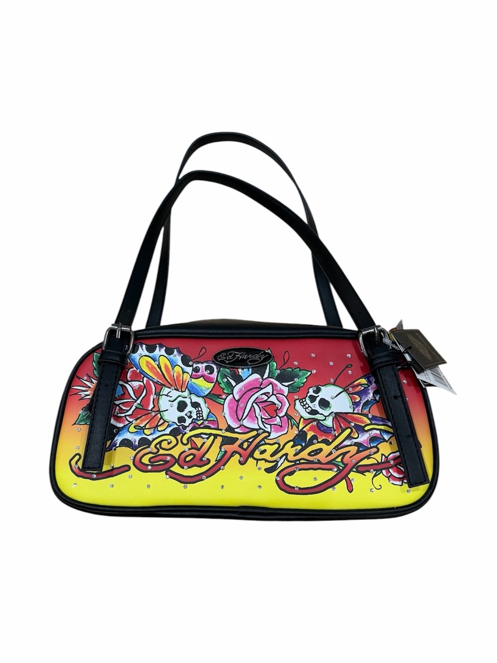 Ed Hardy Tattoo Skull Rose Shoulder Bag Purse Y2K Handbag Black Multicolor NWT